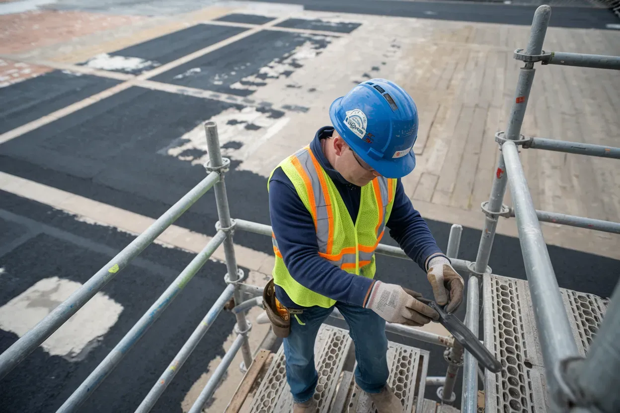 A construction worker wearing a hard hat and safety vest is working on scaffolding.