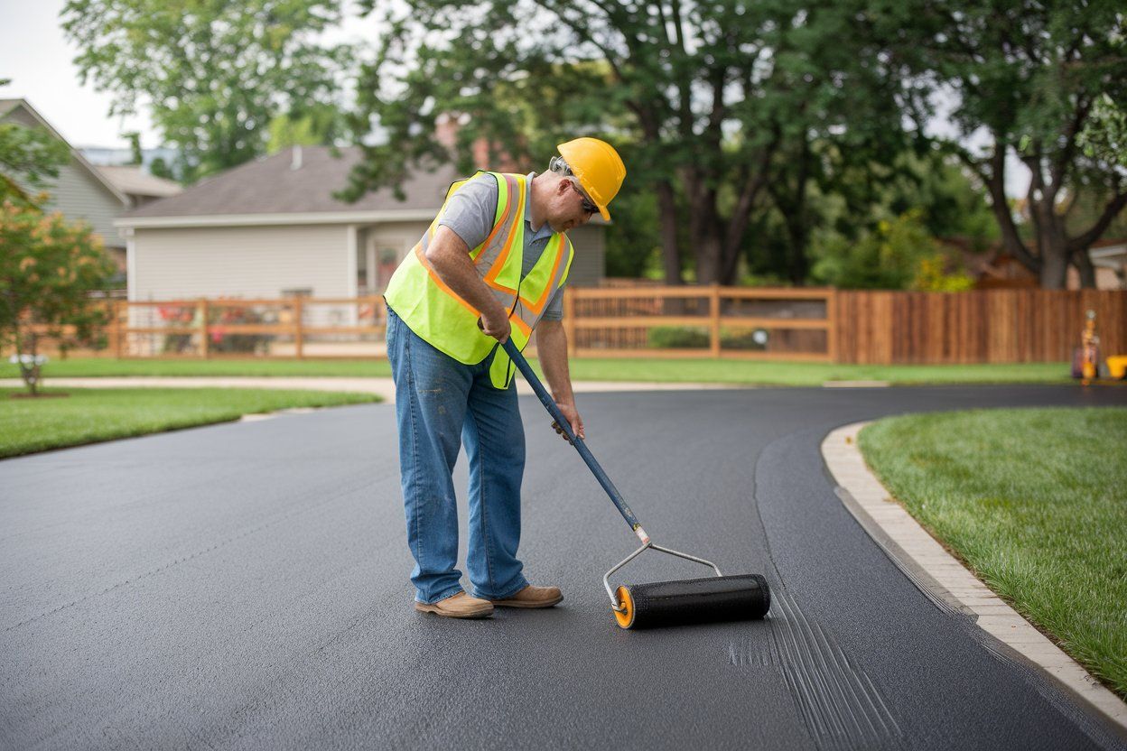 A man is painting a driveway with a roller.