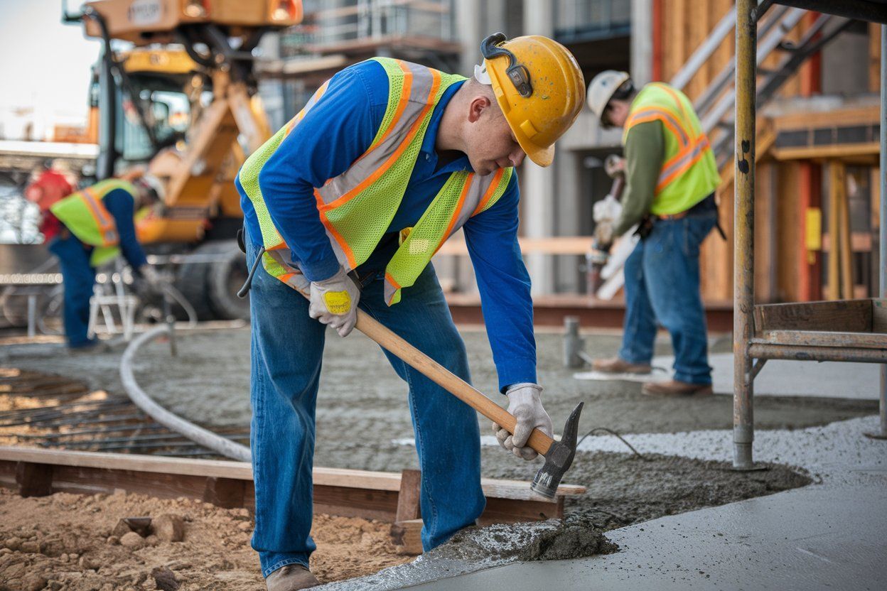 A construction worker is working on a sidewalk with a hammer.