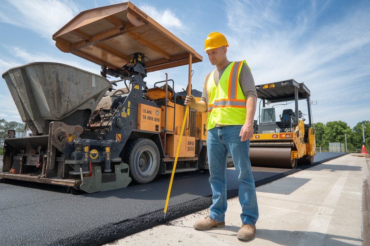 A construction worker wearing a yellow vest is walking on a road.