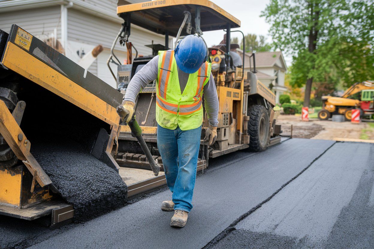 A man is pouring asphalt from a bucket onto a road.