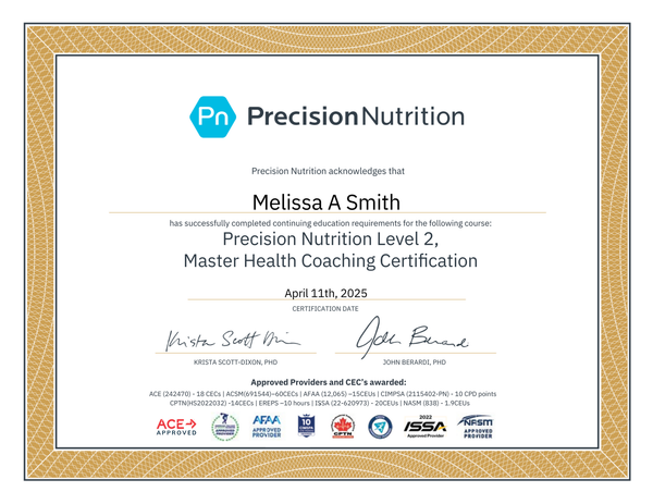 Precision Nutrition Level 2 Master Health Coaching Certification awarded to Melissa A. Smith on July 11, 2024.