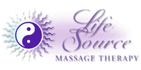 Logo for Life Source Massage Therapy featuring a purple yin-yang sunburst icon next to stylized purple text.