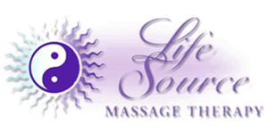 Logo for Life Source Massage Therapy featuring a purple yin-yang sunburst icon next to stylized purple text.