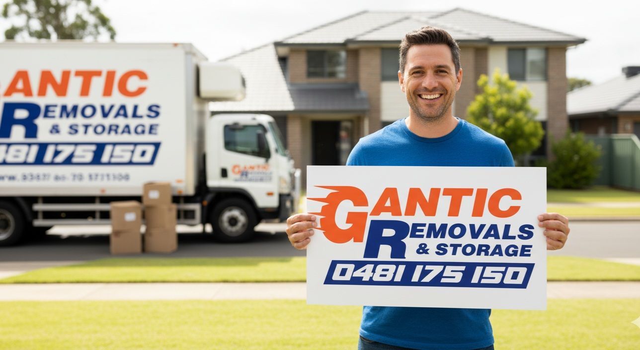 Man holding sign for GANTIC Removals & Storage, truck in background, suburban house setting — Gantic Removals Ipswich in Ipswich, QLD