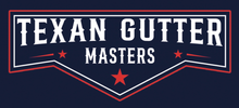 Logo for "Texan Gutter Masters" with a navy blue background, white and red text and a star.