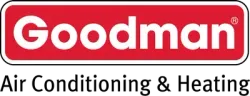 Goodman logo, white text on red background,