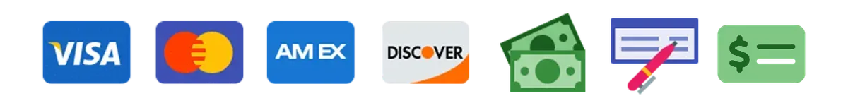 Payment options: Visa, Mastercard, Amex, Discover, cash, check, and a dollar sign.