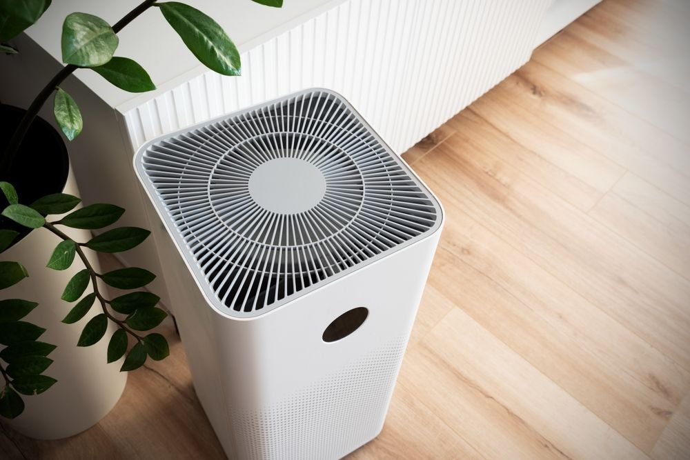 White air purifier on wooden floor near a plant.
