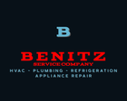 Benitz Service Company logo, red text, blue "B", lists HVAC, plumbing, refrigeration, and appliance repair.