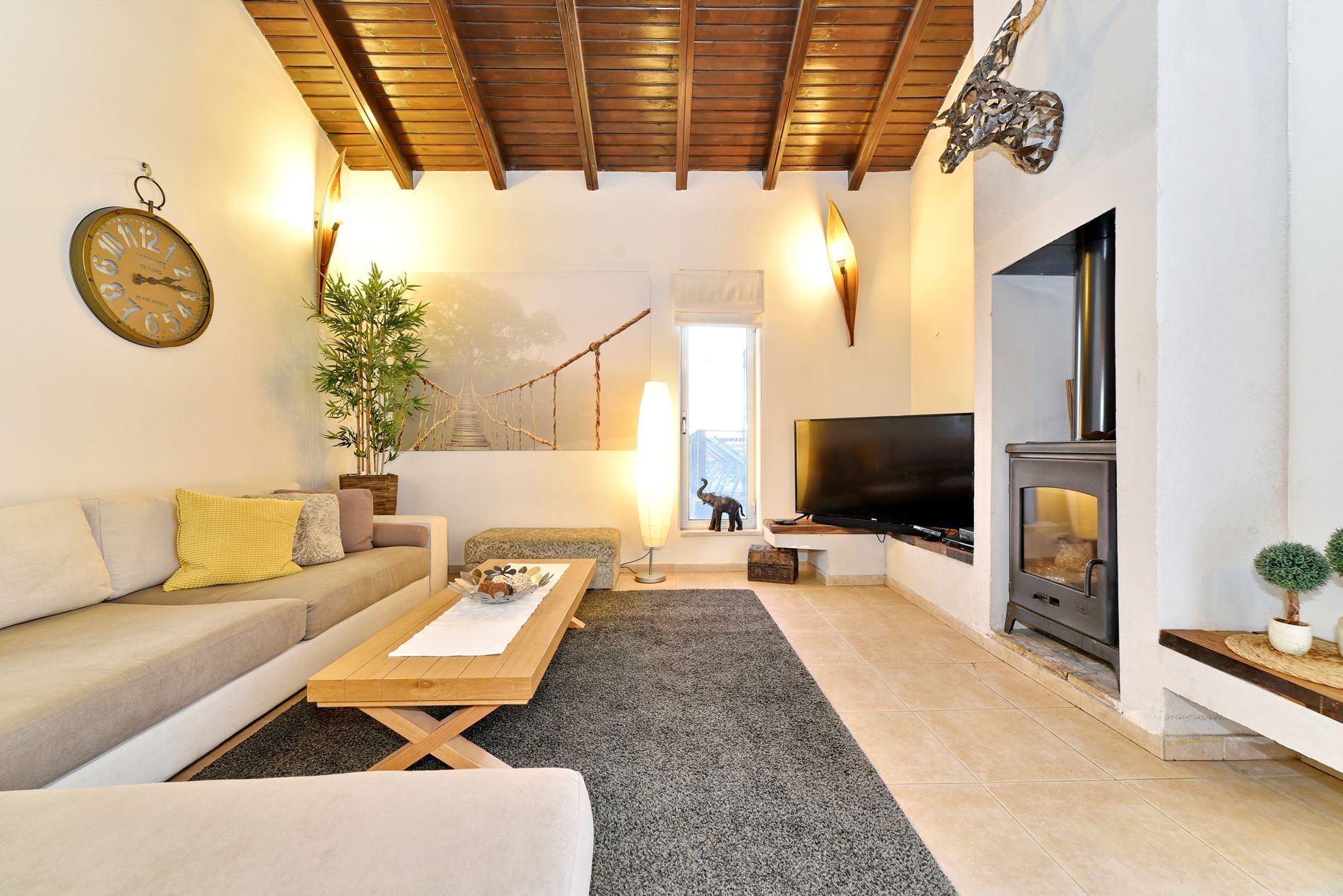 סלון עם ספה, שולחן קפה, טלוויזיה ואח.