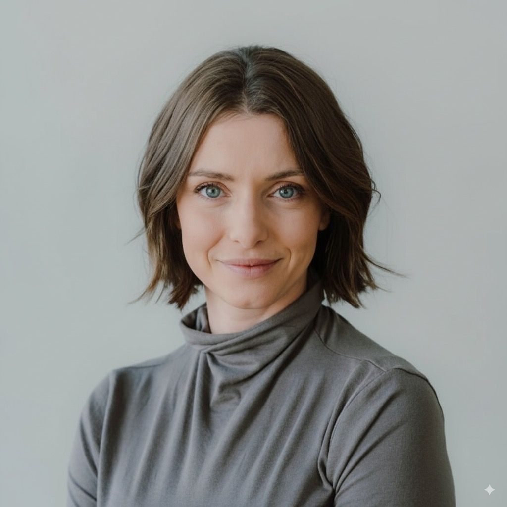 Woman with bobbed brown hair, wearing a gray turtleneck, smiling.