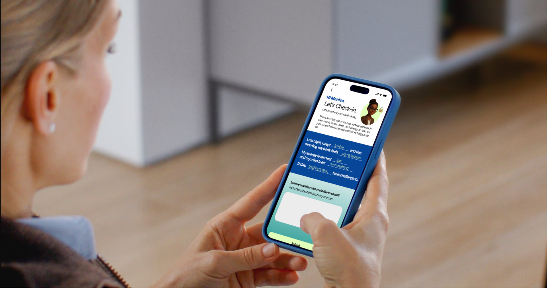Woman holding a smartphone, viewing an app with blue and white sections.