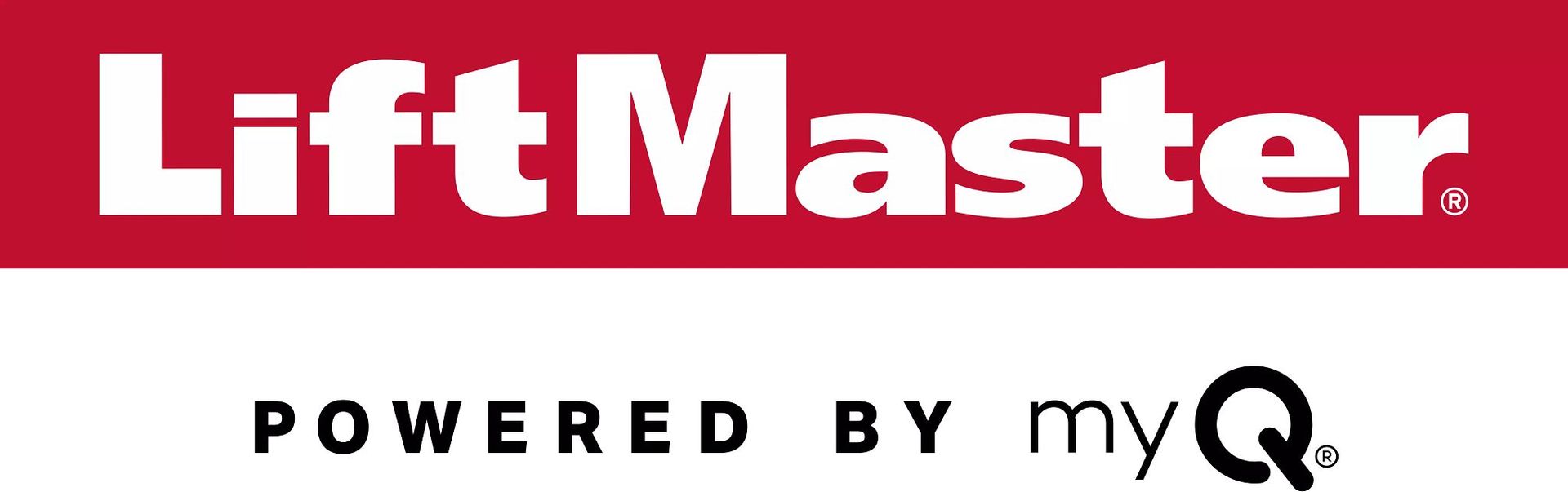 A red and white logo for liftmaster powered by my q