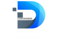 Un logotipo azul y gris para contenedores sobre un fondo blanco.