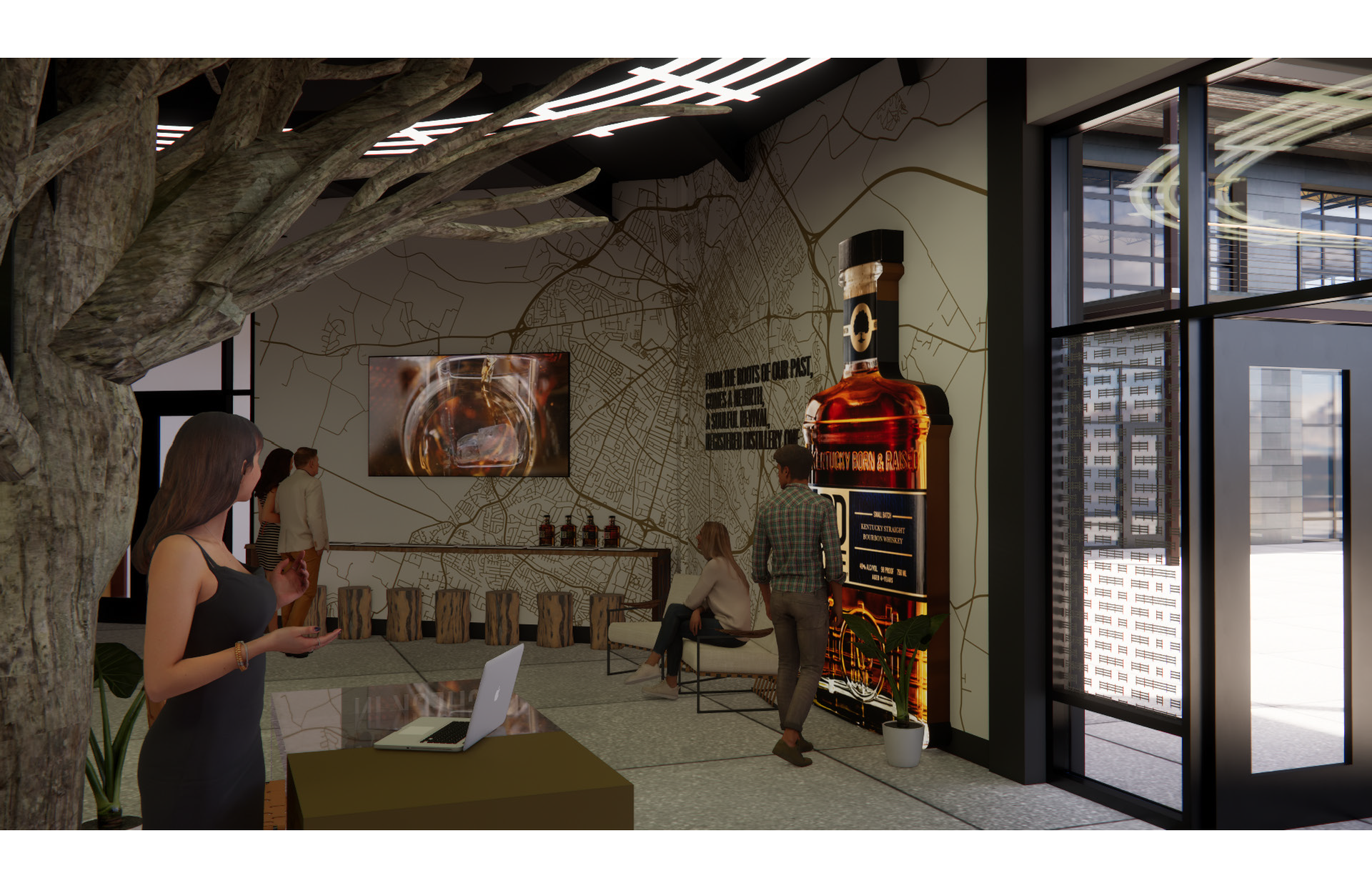 A woman is standing in front of a large bottle of whiskey in a room.