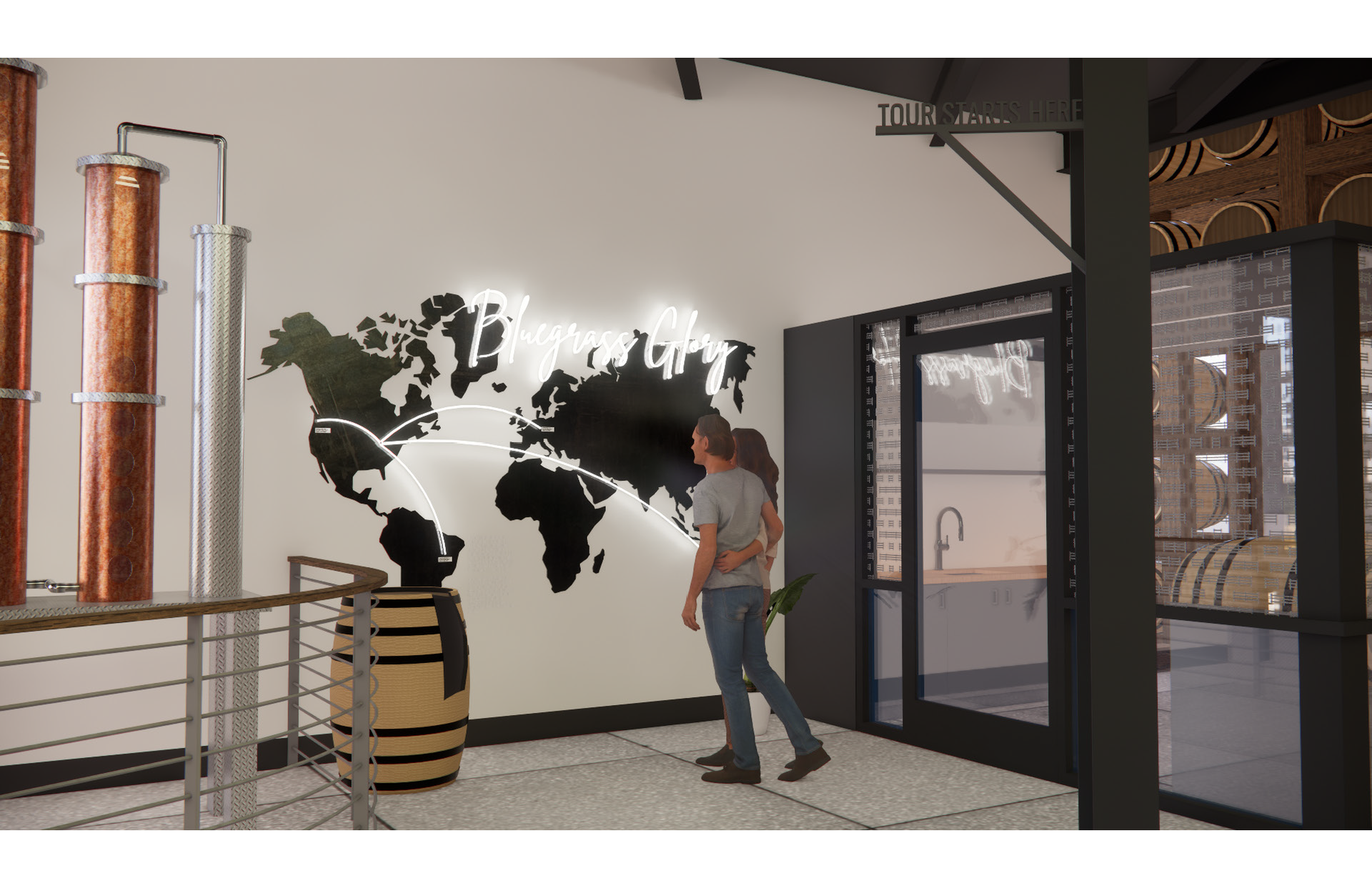 A man is walking in a room with a map of the world on the wall.