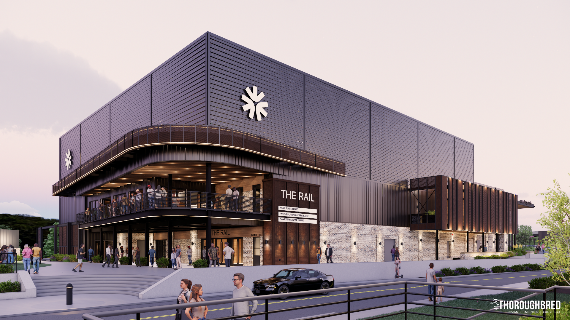 Rendering of a modern, two-story building with a large black exterior, people walking nearby.