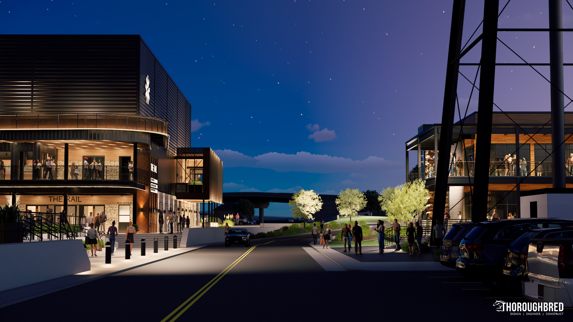 Nighttime streetscape with illuminated buildings, parked cars, and people gathered under a night sky.