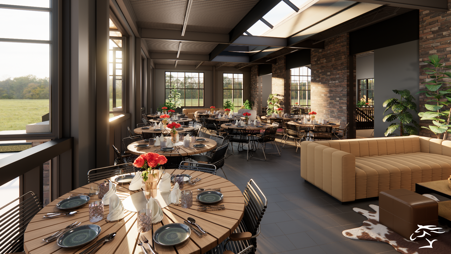 A large room with tables and chairs and a couch.