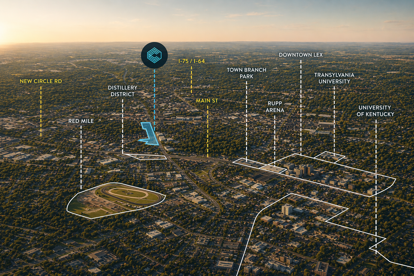 Aerial view of a city with labeled landmarks, a blue arrow points to a building, and a logo is visible.
