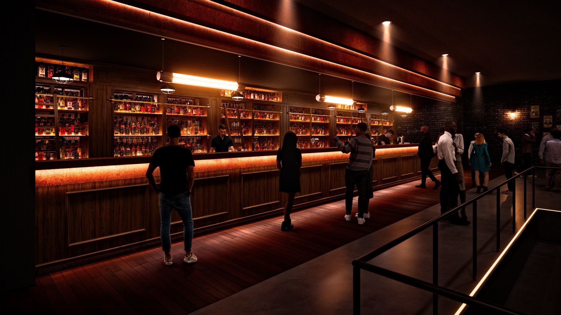 Interior view of a dimly lit bar with a long wooden counter and shelves of liquor bottles; several patrons.