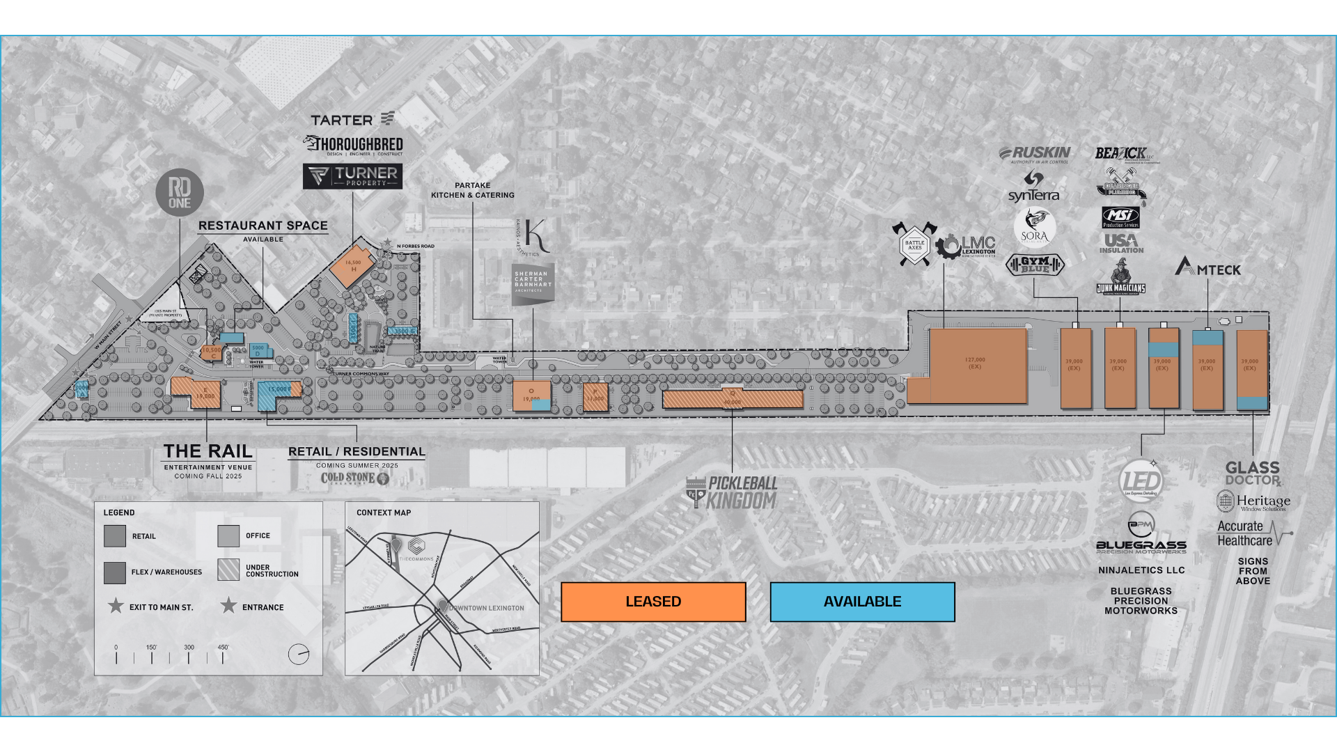 A map showing the layout of a development with buildings, parking, and transportation.