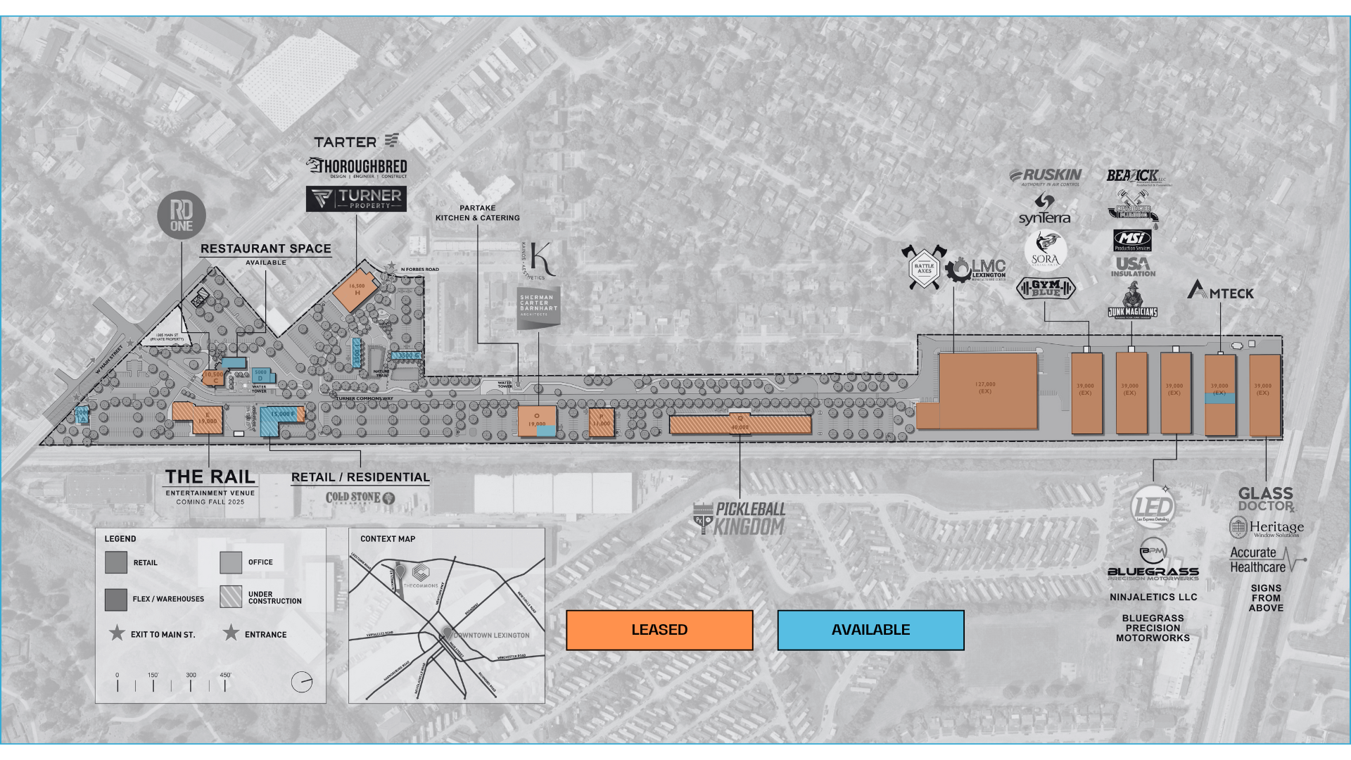 A map showing the layout of a development with buildings, parking, and transportation.