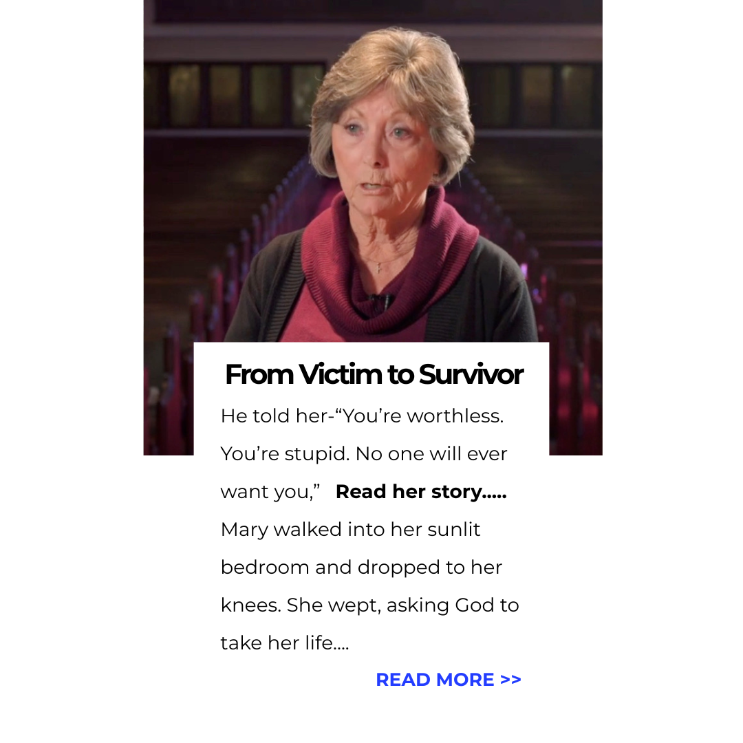 Woman with headline "From Victim to Survivor." Text says "He spoke, 'You're worthless...'." Call to action is "Read More".