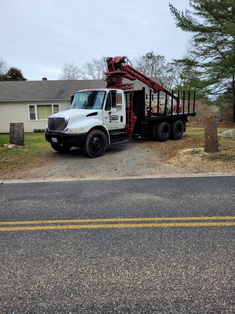 White tree service truck with a crane parked on gravel, in front of a house, under a cloudy sky.
