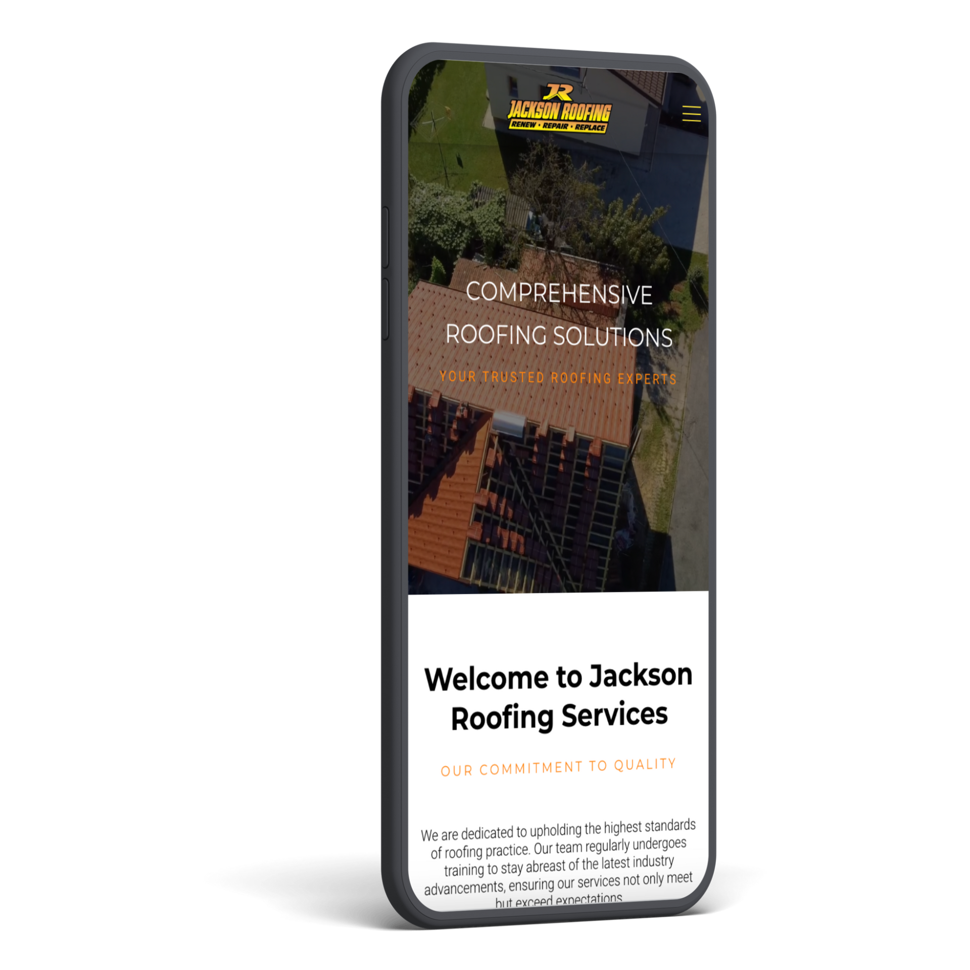 A cell phone is displaying a website for jackson roofing services.