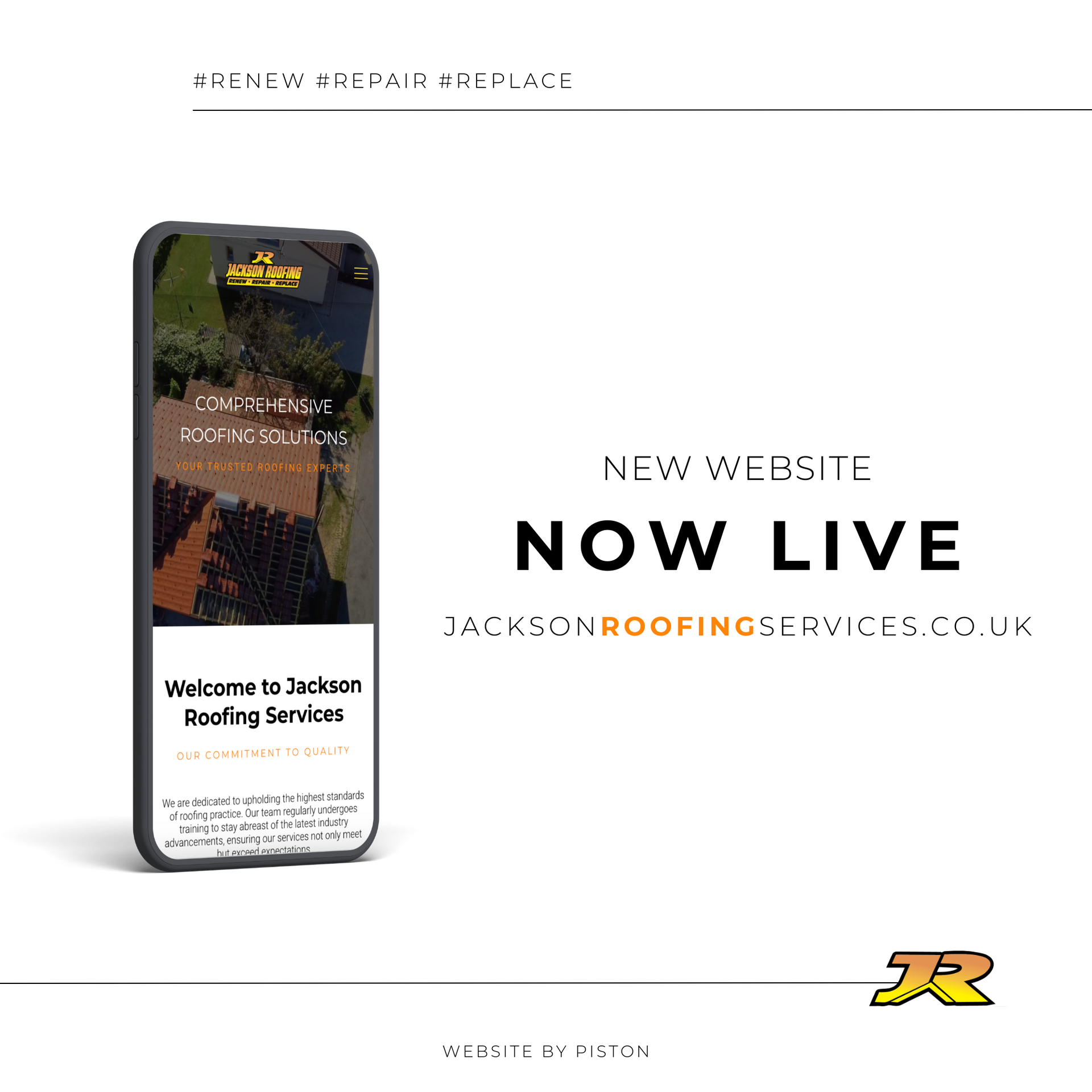 A cell phone is displaying a new website for jackson roofing services.