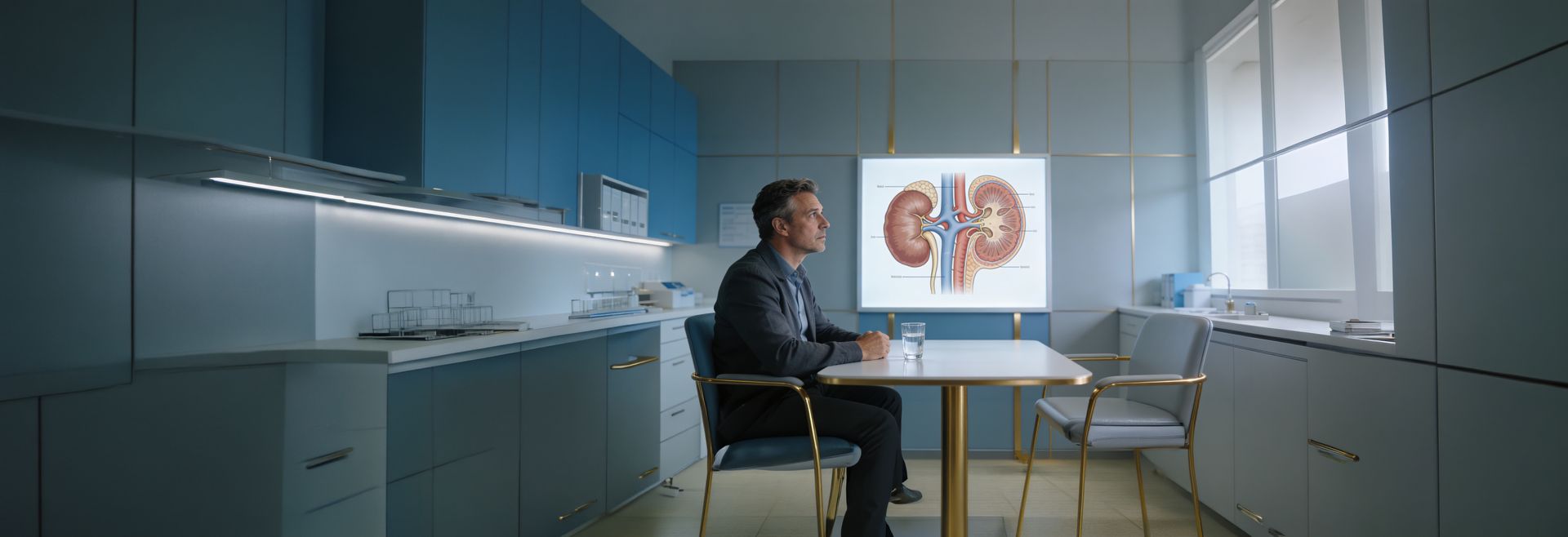 Homem em consultório, ilustração anatômica rins ao fundo, representando avaliação de cálculo renal