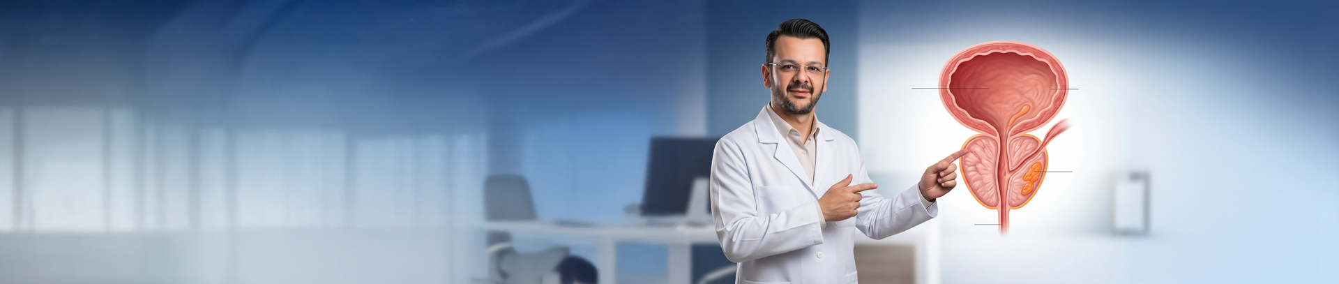 Dr. Jean Datovo apontando para ilustração anatômica de bexiga e próstata em consultório médico