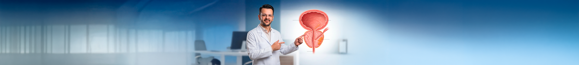 Dr. Jean Datovo apontando para ilustração anatômica de bexiga e próstata em consultório médico