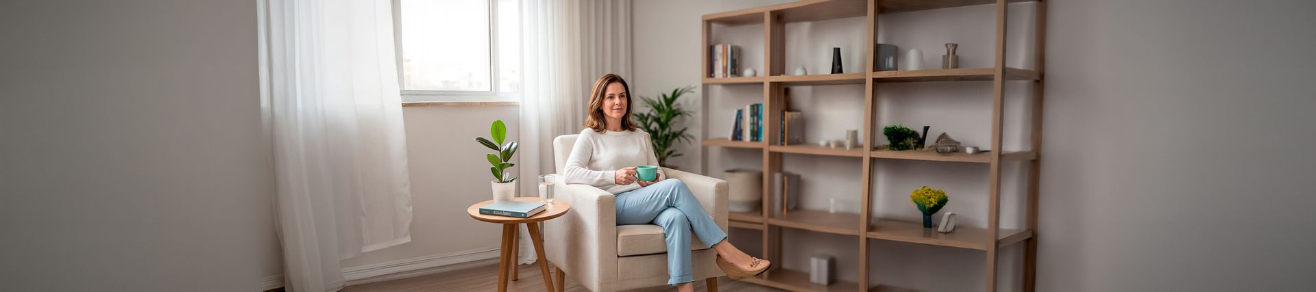 Mulher adulta com xícara de chá, representando qualidade de vida no tratamento da bexiga hiperativa