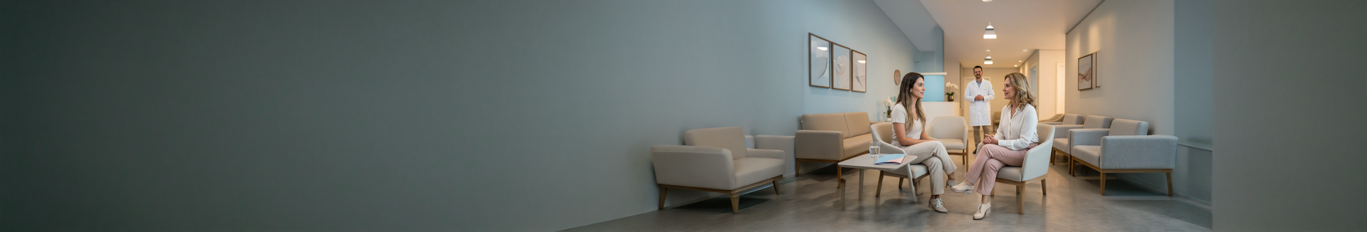 Pacientes na sala de espera de clínica urológica conversando enquanto médico se aproxima ao fundo