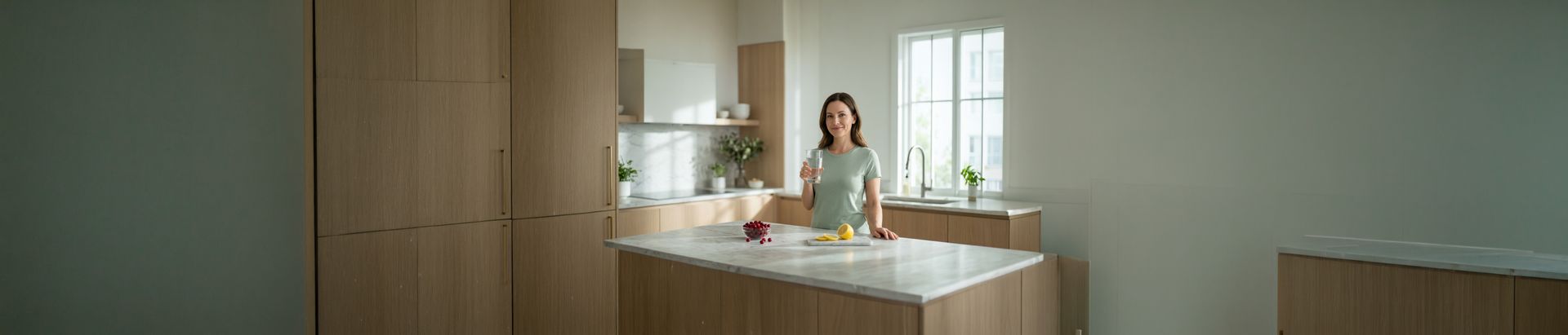 Mulher em cozinha segurando copo de água com frutas, representando prevenção de infecção urinária