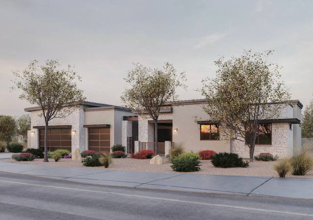 An artist 's impression of a modern house with a lot of trees in front of it.