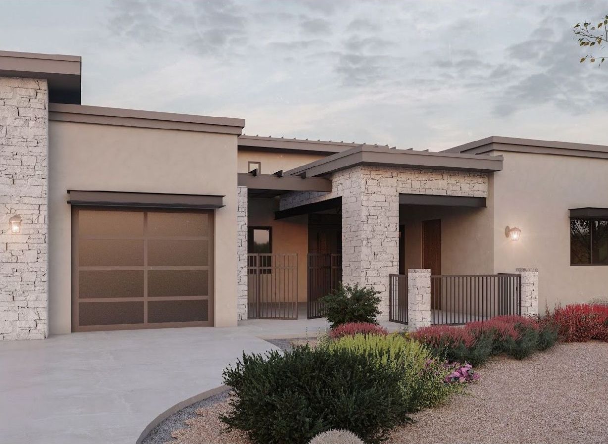 A rendering of a modern house with a large garage door.