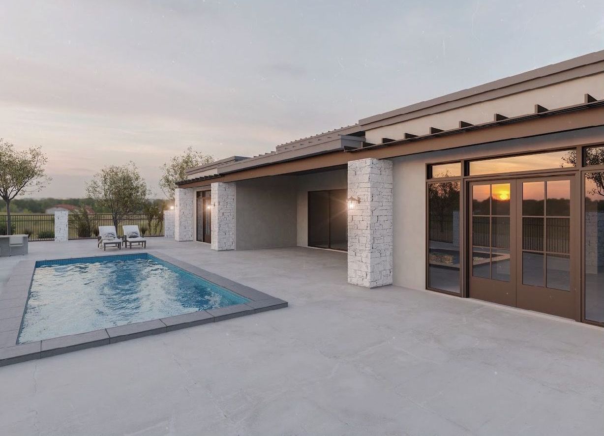 A large house with a swimming pool in front of it.