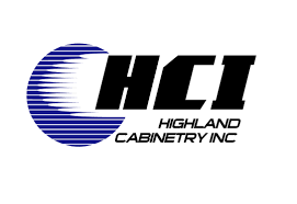 A blue and black logo for highland cabinetry inc