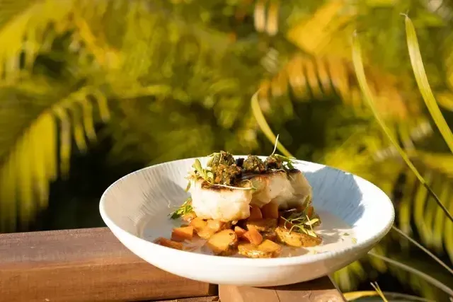 Filete de pescado fresco con vegetales salteados en el restaurante del Hotel Aimarawa San Antero, especialidad de la gastronomía del Caribe colombiano.