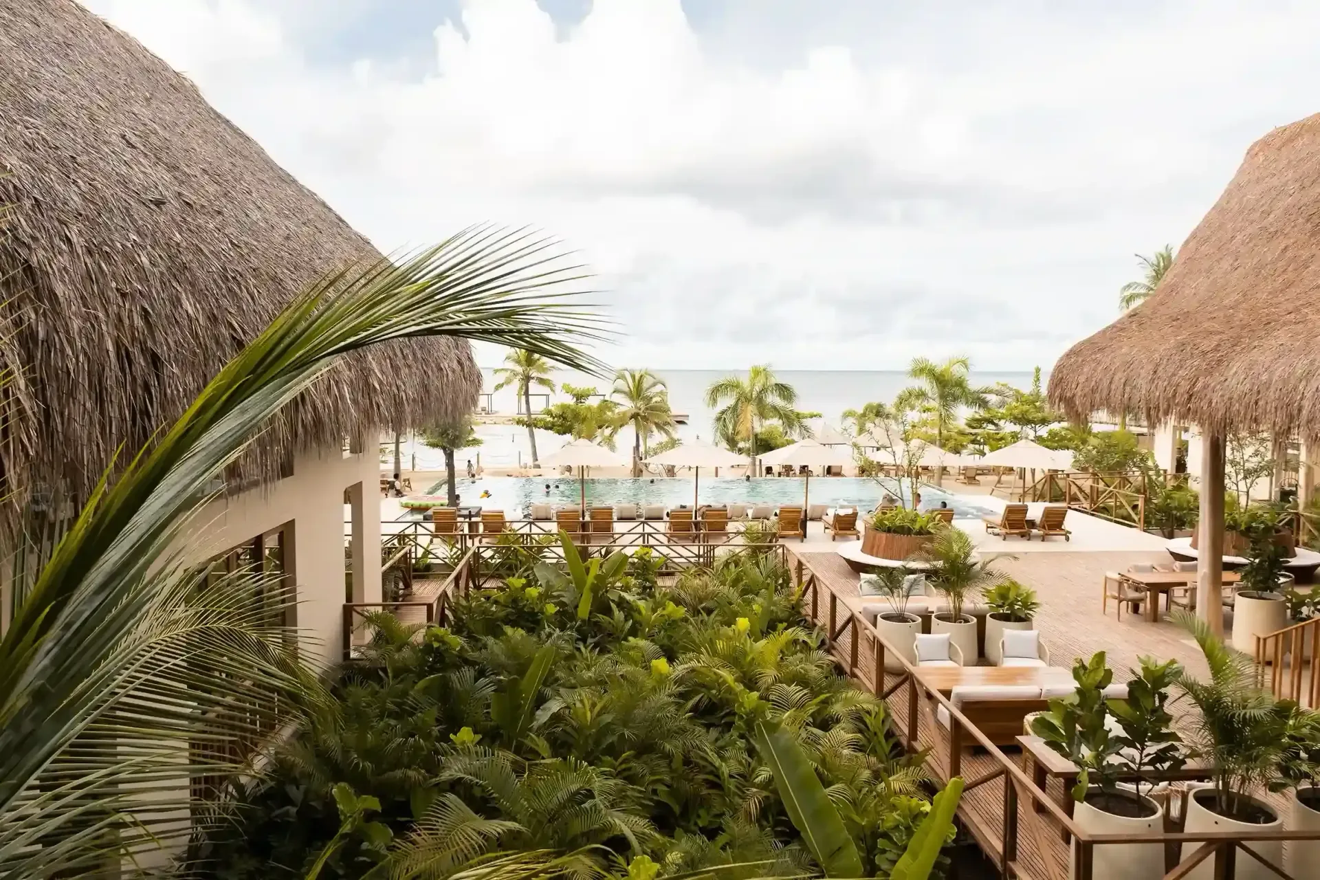 Áreas sociales y terrazas de hotel en Punta Bolívar San Antero, rodeadas de vegetación y con vista al mar.