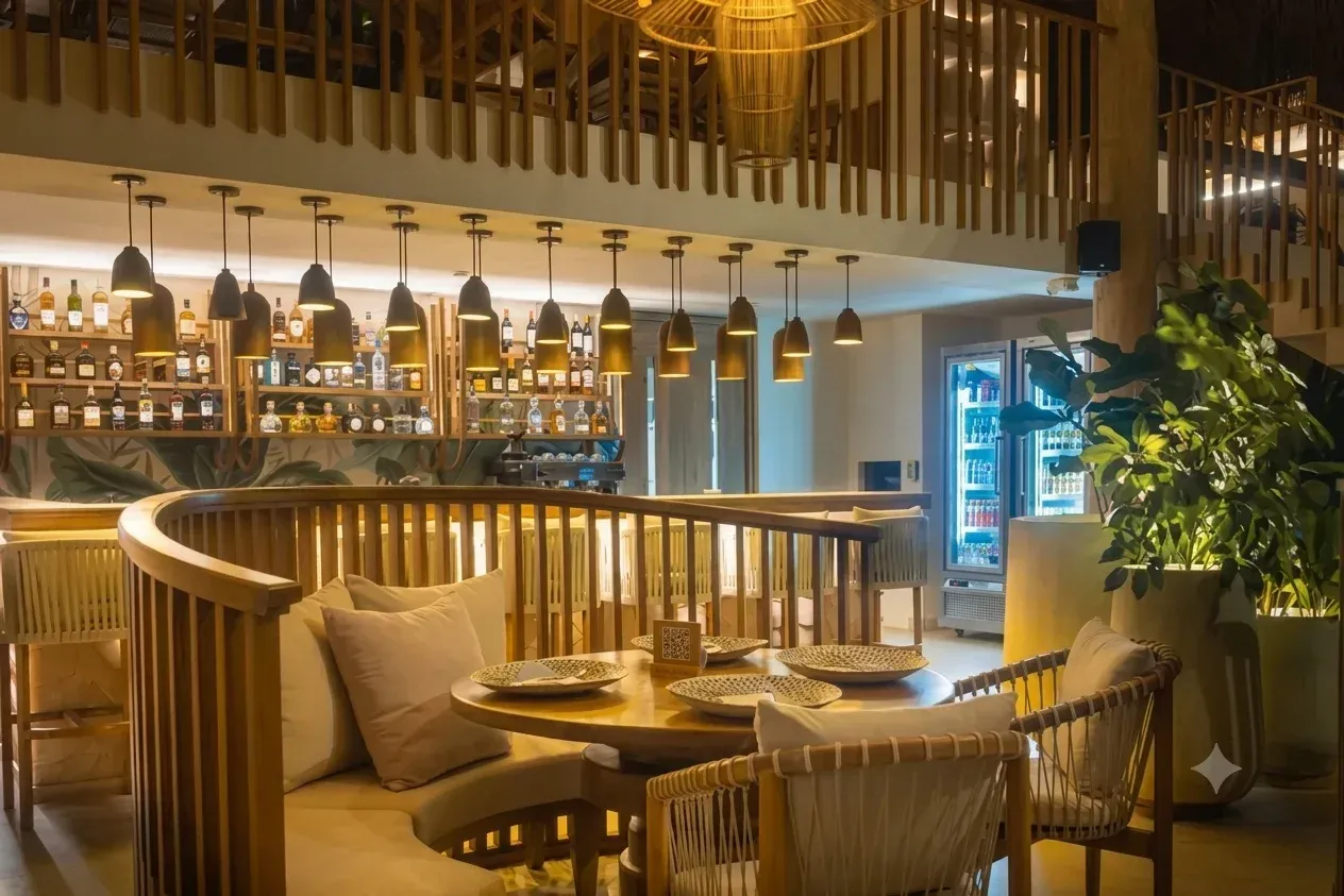 Bar y restaurante de Aimarawa, hotel en San Antero con diseño en madera y ambiente acogedor.