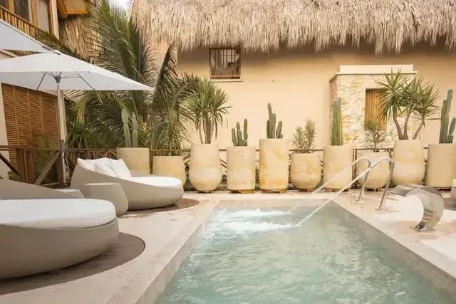 Piscina privada del Hotel Aimarawa con tumbonas redondas, sombrilla y decoración tropical con palmeras y cactus en grandes macetas de piedra.