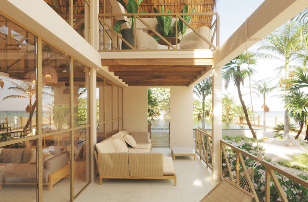 Interior del Hotel Aimarawa en Punta Bolívar, San Antero, con diseño de lujo en madera, mobiliario artesanal y espacios acogedores frente al mar Caribe de Colombiano.