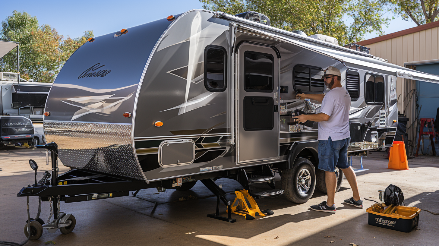 a man putting the finishing touches on the exterior of a recreational vehicle in front of their home