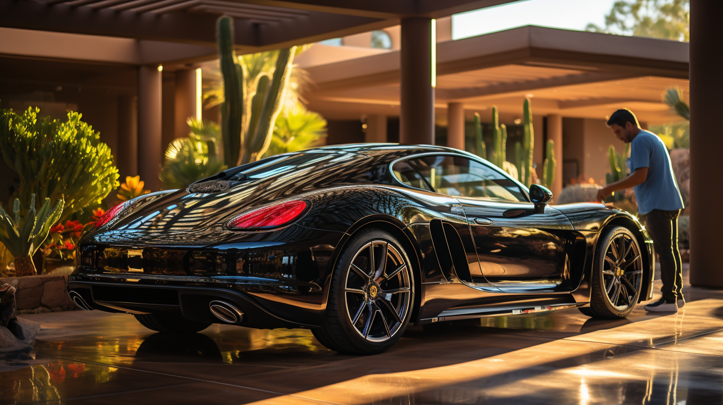black porsche positioned in front of a residential scottsdale home after having its wheels restored from a nasty curb rash