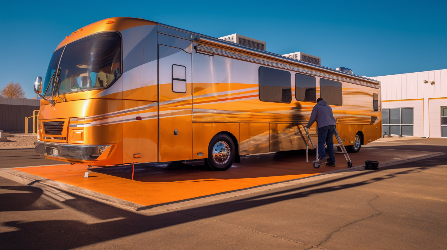 a rv being detailed in front of a business setting by a man who is putting the finishing touches on the exterior